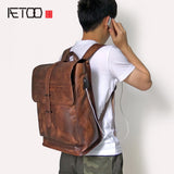 Genuine Leather cow leather Laptop Backpack External USB Charge